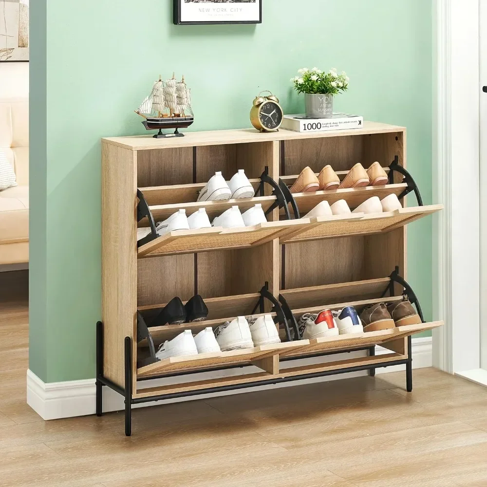 4 Flip Door Shoe Rack Storage Cabinet Shoe Cabinet Organizer Freestanding With 3-Tier Adjustable Shelves (Oak Color) Shoerack