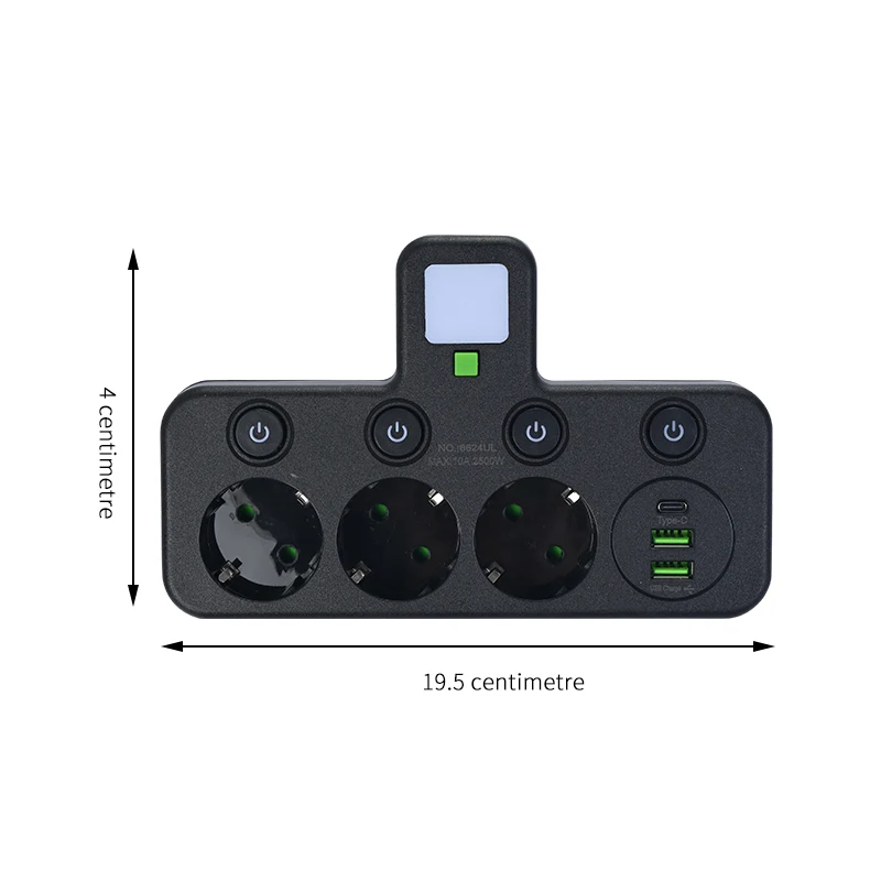 Desktop EU Plug Power Strip with 3 AC Outlets + 2 USB Ports + 1 Type C, 6-in-1 Plug Socket Adapter Wall Charger for Home Office