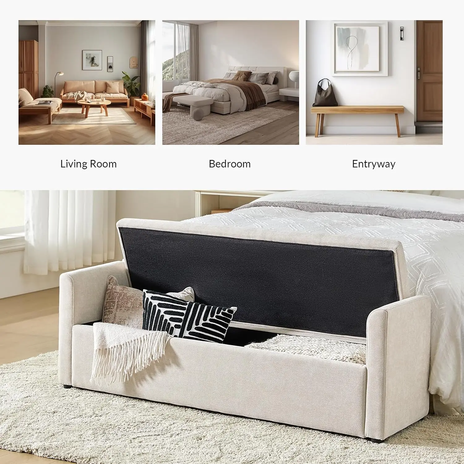 HOME Modern Storage Bench with Throw Pillows, 59.4" Extra Long Bedroom Ottoman Bench for End of Bed, Comfy Upholstered Footstool