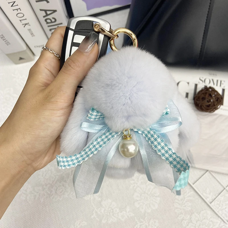 Fluffy Cute Mini Rabbit Car Key Chain Kawaii Bow Tie Real Fur Bunny Natural  Rex Rabbit Fur Car Pendant Pink Rabbit Key Chain