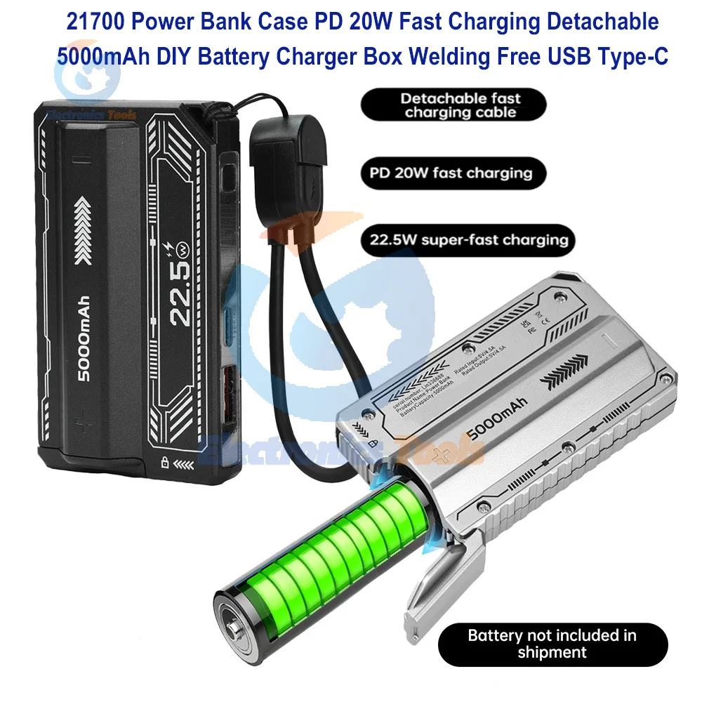 5000mAh 1 sezione Saldatura gratuita 21700 Custodia Power Bank PD 20W Custodia di ricarica rapida USB Type-C Scatola caricabatteria fai da te 5V 2A