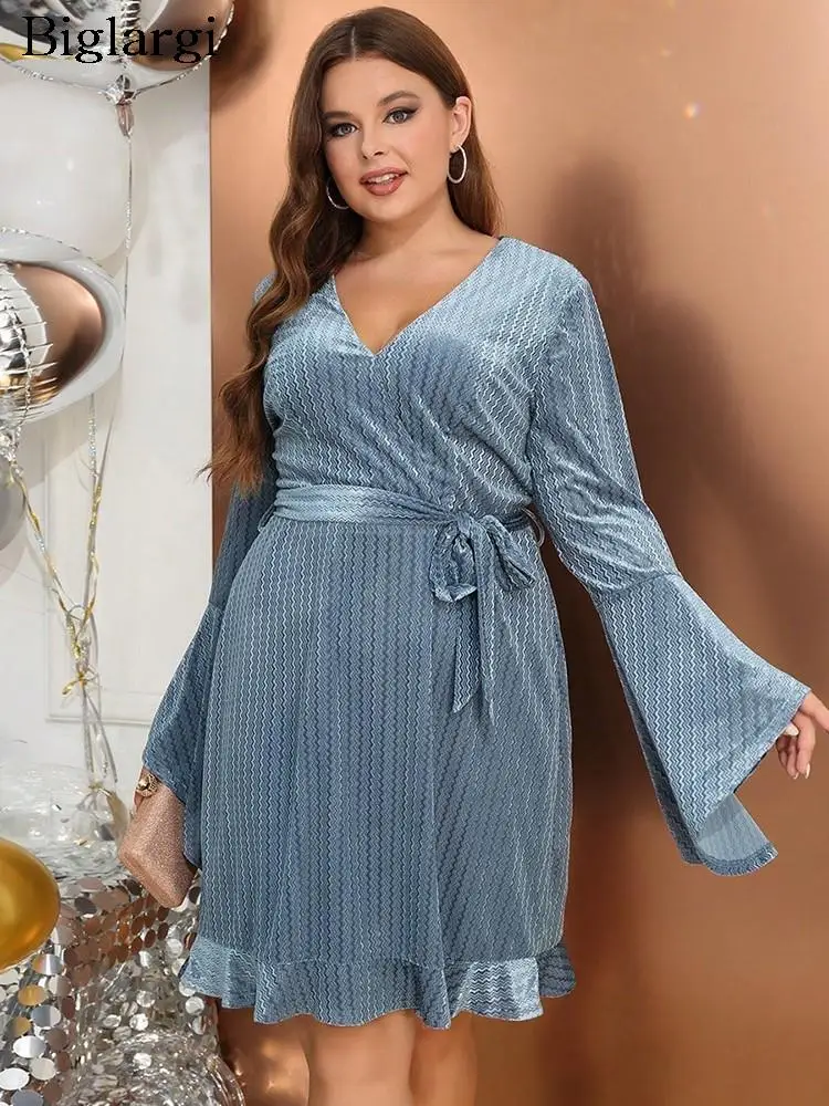 

Plus Size Autumn V-Neck Sexy Midi Dress Women Fashion Ruffle Pleated Ladies Dresses Flare Long Sleeve Loose Woman Dress 2023