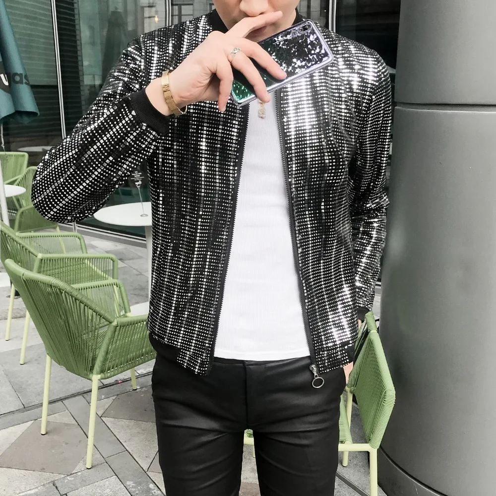 Men's Jackets Glitter Sequins Punk Style Summer Thin Outerwear Coat Male Stage Dancing