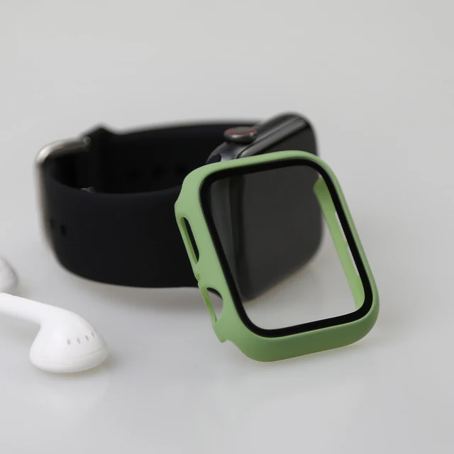 Glass+Watch Cover for Apple Watch Case 41mm 45mm 40mm 44mm 42mm 38mm Matte Bumper+Screen Protector for Iwatch SE 7 6 5 4 3 2 1 Light Green