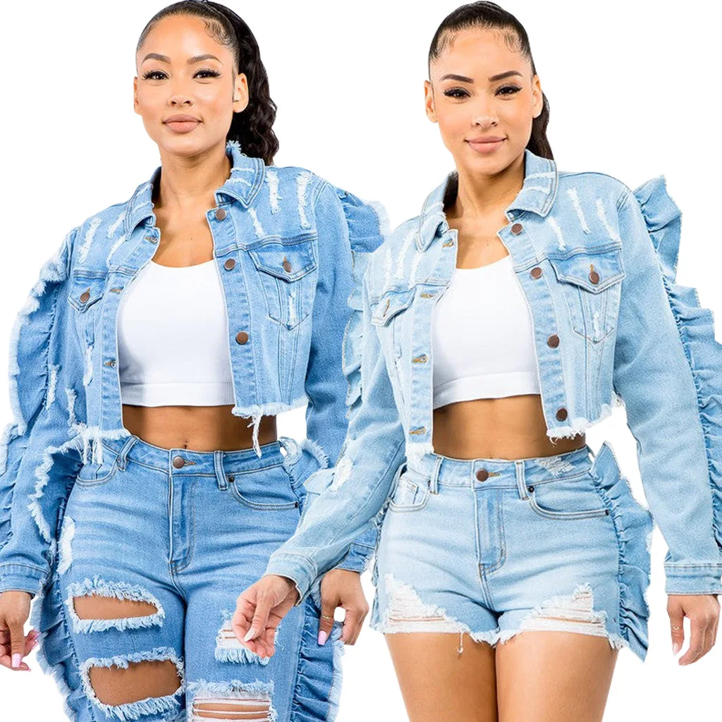 

Ripped Women's Denim Jackets Spring Fashion Streetwear Female Ruffle Sleeve Lapel Button Down Chest Pocket Slim Jean Jacket Coat