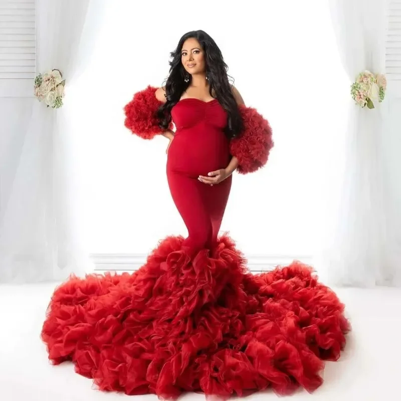 Hot Maternity Dresses Photoshoot Tulle Maxi Gown Baby Shower Ruffles Платье Для Беременных Ropa Платье Вечернее