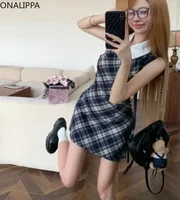 Onalippa Vintage Plaid Mini Dress Women Waist Belt Polo Collar Sleeveless A Line Dresses High Street Contrast Vestidos - Image 6