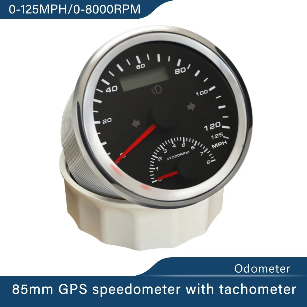 Waterproof 85mm GPS Speedometer 0-125 MPH 0-200 MPH with Tachometer Odometer with GPS Antenna Mileage Amber Backlight for Car