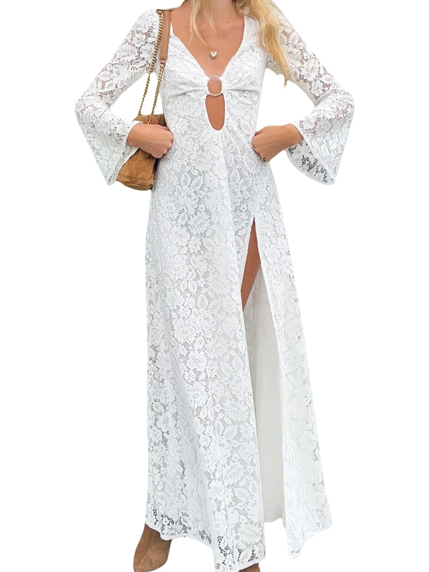 Women s High Split Long Dress Long Sleeve Deep V Neck Hollow Out  Fit Lace Dress