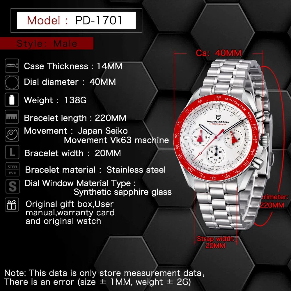 PAGANI design luna hodinky muži křemen hodinky analogová chronograf muži hodinky VK63 2023 nový luxusní sportovní safír relogio masculino