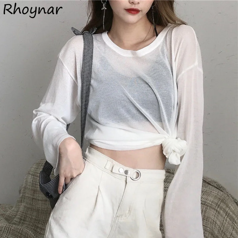 

T-shirts Women Summer Girls Seethrough Solid Simple Causal Korean Fashion All-match Prevalent Lazy Style Leisure Long Sleeve