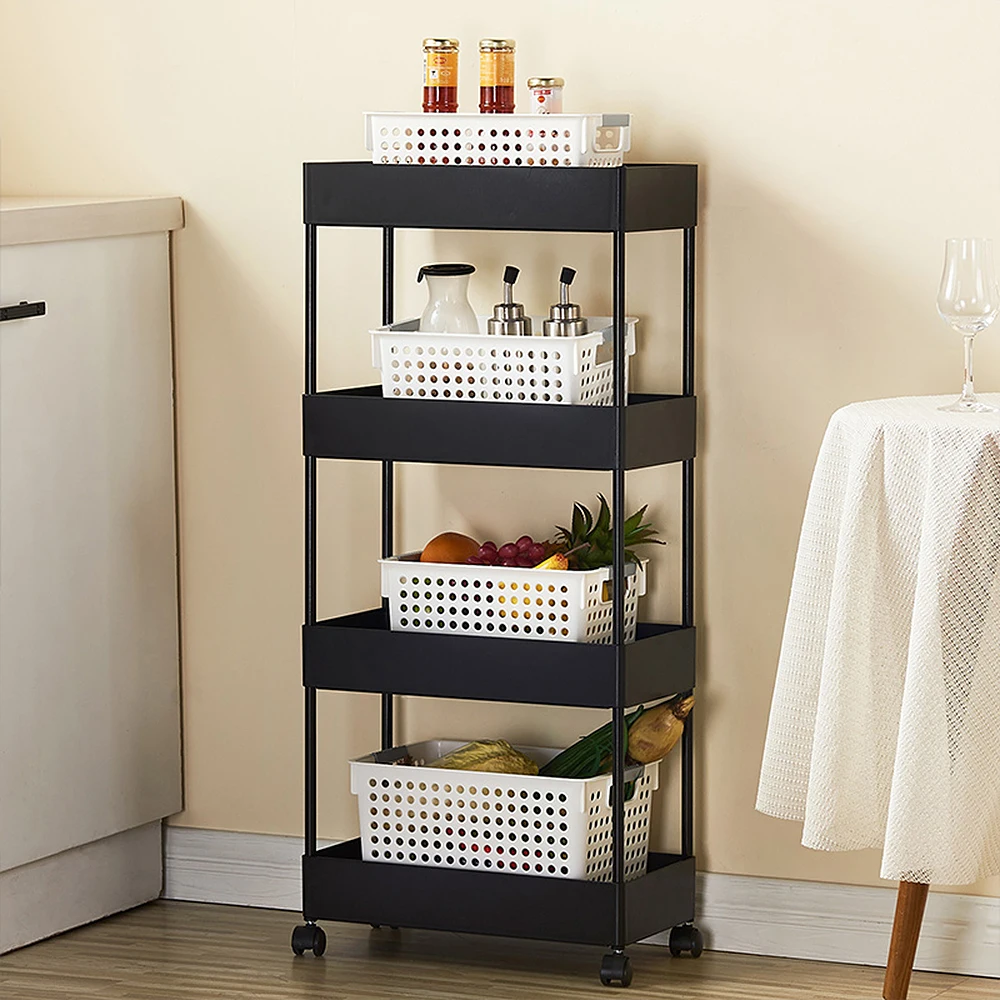 Serving Trolley with 4 Levels, Narrow Trolley, Kitchen Trolley with Wheels, Niche Trolley with Hollowed-out Baskets
