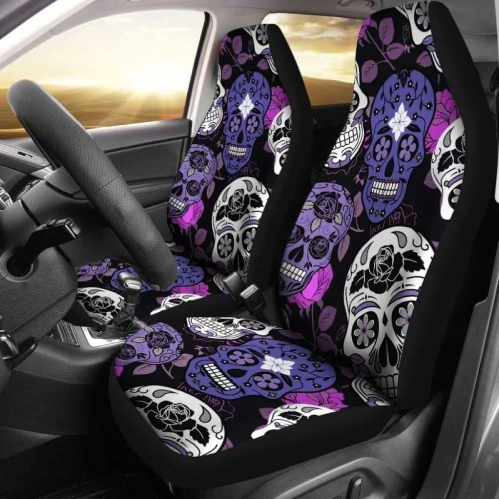 

Sugar Skulls Purple Car Seat Covers Pack of 2 Universal Front Seat Protective Cover Four Seasons Seat Cushion Cover Halloween