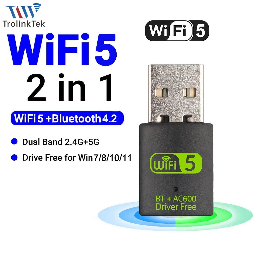 600Mbps WiFi 5 USB 무선 어댑터 AC600 네트워크 카드 듀얼 밴드 2.4G/5GHz 블루투스 4.2 Windows 7/8/10/11 드라이버 무료