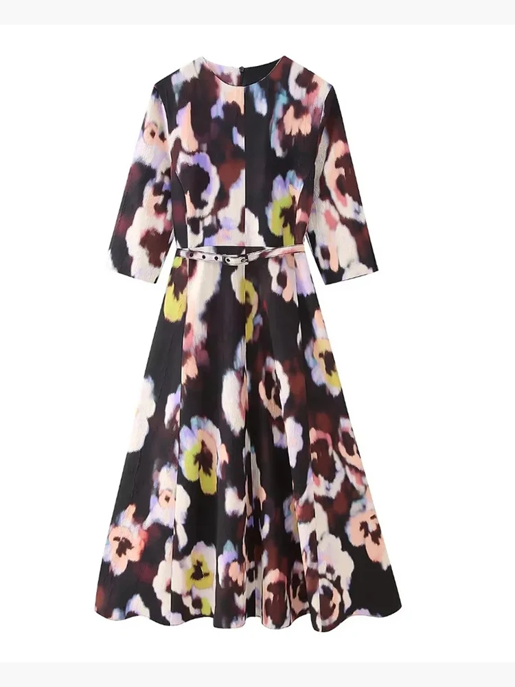 

2023 Autumn New Elegant Flower Print Colorful Long Dresses Ladies Fashion High Waist Half Sleeve Chic Dress With Belt