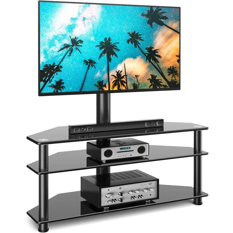 

Rfiver Swivel Glass TV Stand with Mount for 32-65 Inch Flat or Curved Screen TV Up To 110lbs, Height Adjustable Corner Floor