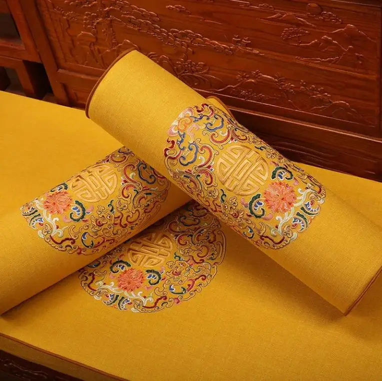 古代中国の刺cylindrical円筒形クッション、マホガニーソファ