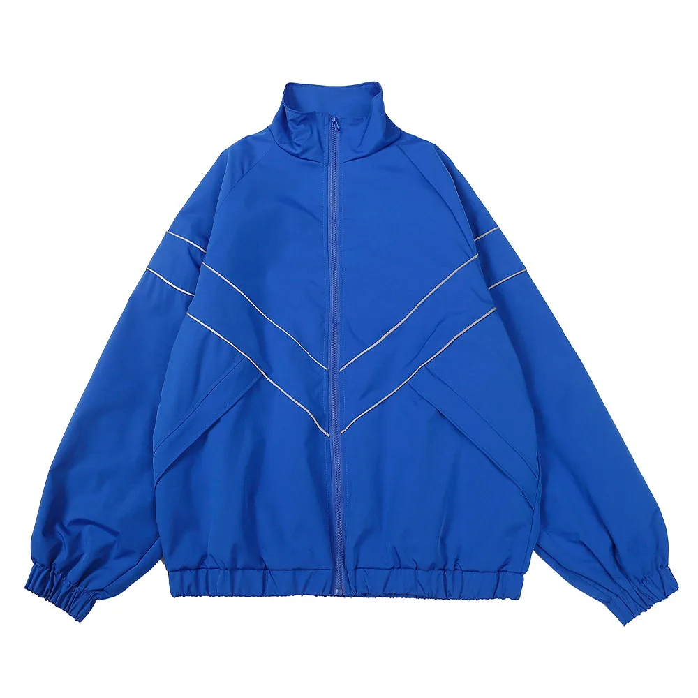

High Street Double Reflective Striped Jacket Coat for Men Stand Collar Zipper Solid Jackets Harajuku Oversized Sports Outwear