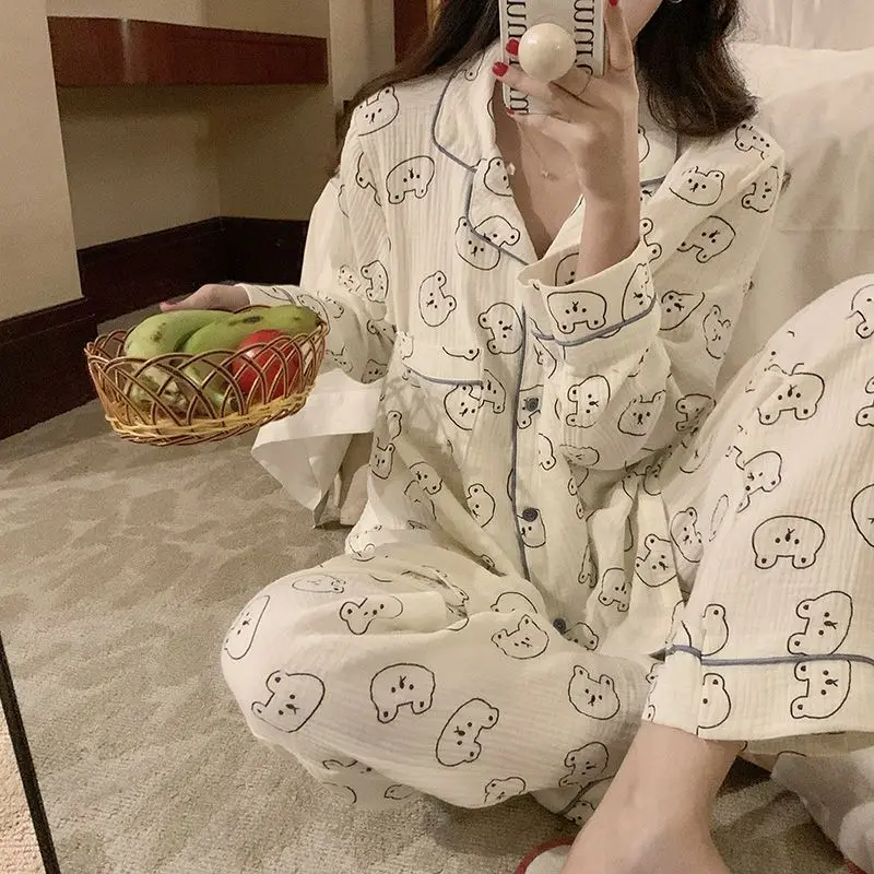 2024 Spring Autumn sleepwear Women's Cartoon Bear Pajamas set Female Cotton Long Sleeve Casual large Size Homewear Two-Piece Set