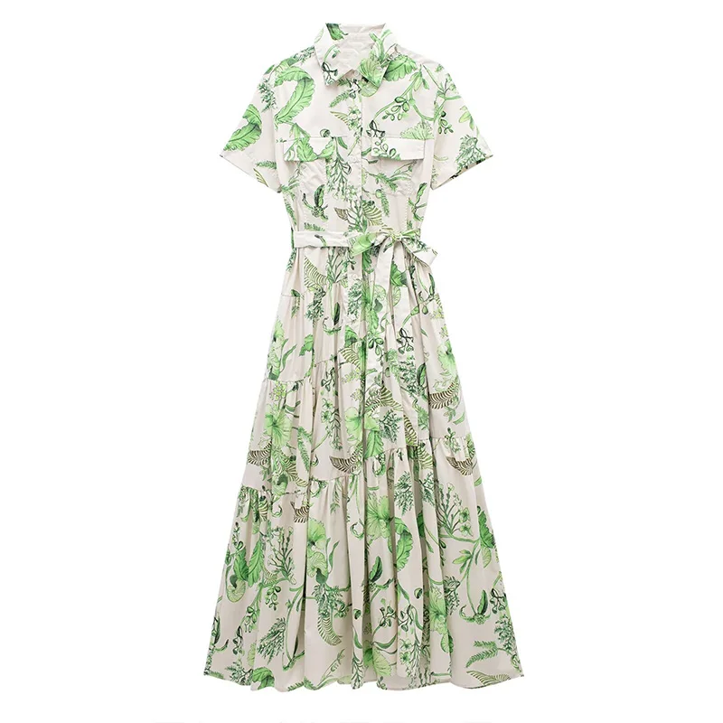 

Summer Women's Printed Shirt Single Breasted Dress 2024 New Classic Short Sleeve Waistband Elegant Dresses Dresses Long
