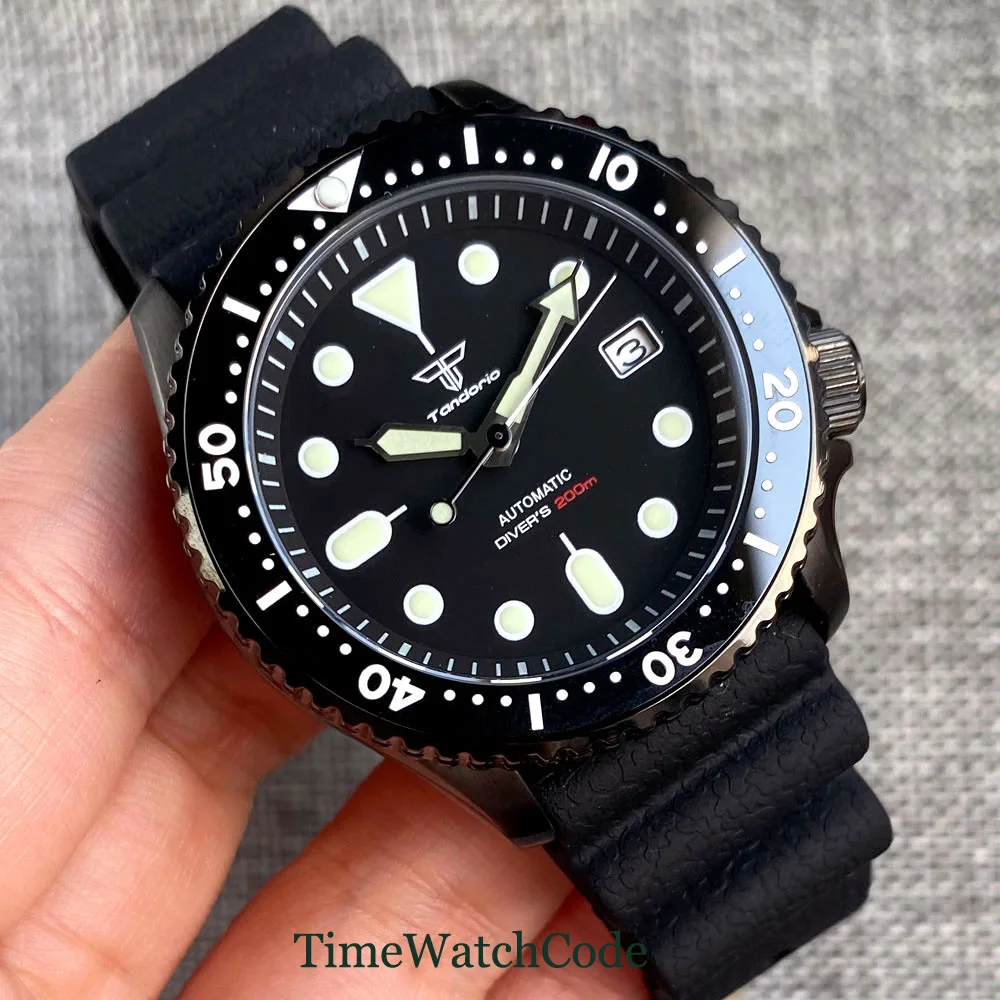 Tandorio 200m Diver Automatic Watch for Men PVD Case 41mm Black Dial Date NH35 Movement Ceramic Bezel Steel or Rubber Strap tandorio nh35a 200m water resist diver men s watch 39mm automatic watch date sapphire crystal leather or rubber strap