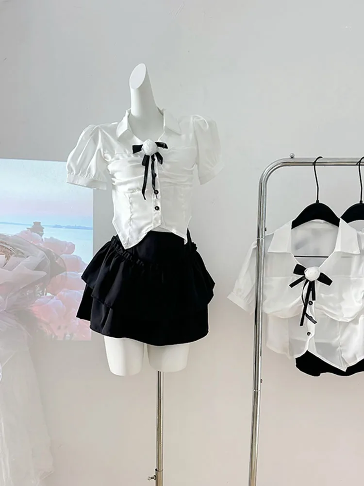 

Женский комплект из 2 предметов с юбкой, укороченный топ с рукавами-фонариками и воротником-поло с цветочным принтом и милая Привлекательная юбка в американском стиле