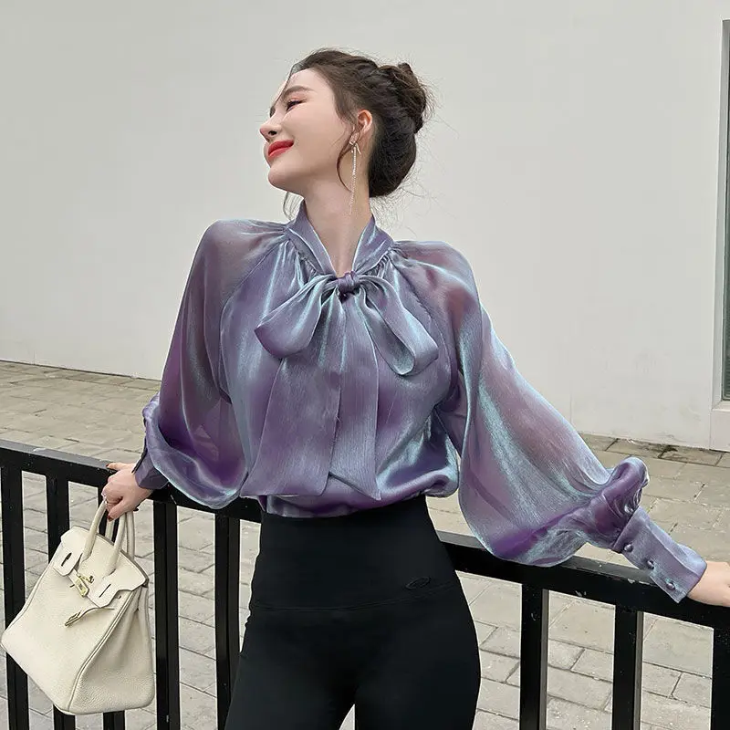Bow Gauze Shirt Spring Autumn Long Sleeve Pullovers Fashion Puff Sleeve