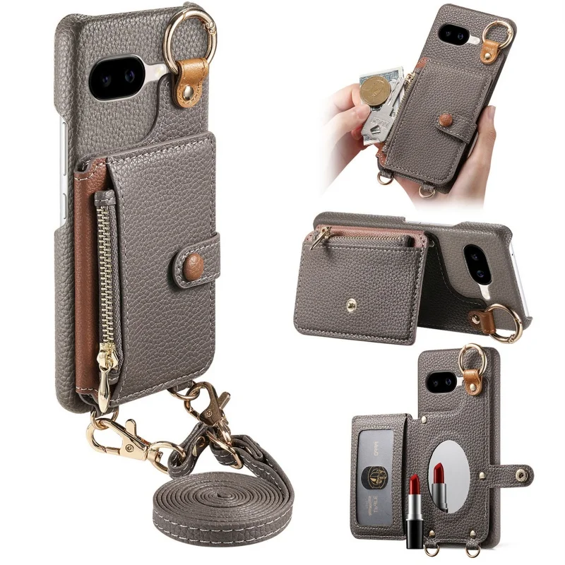 Crossbody Lanyard Leather Wallet Phone Case with Zipper Card Slots Holder