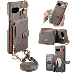 Crossbody Lanyard Leather Wallet Phone Case with Zipper Card Slots Holder - Google Pixel 9 Pro (Grey)