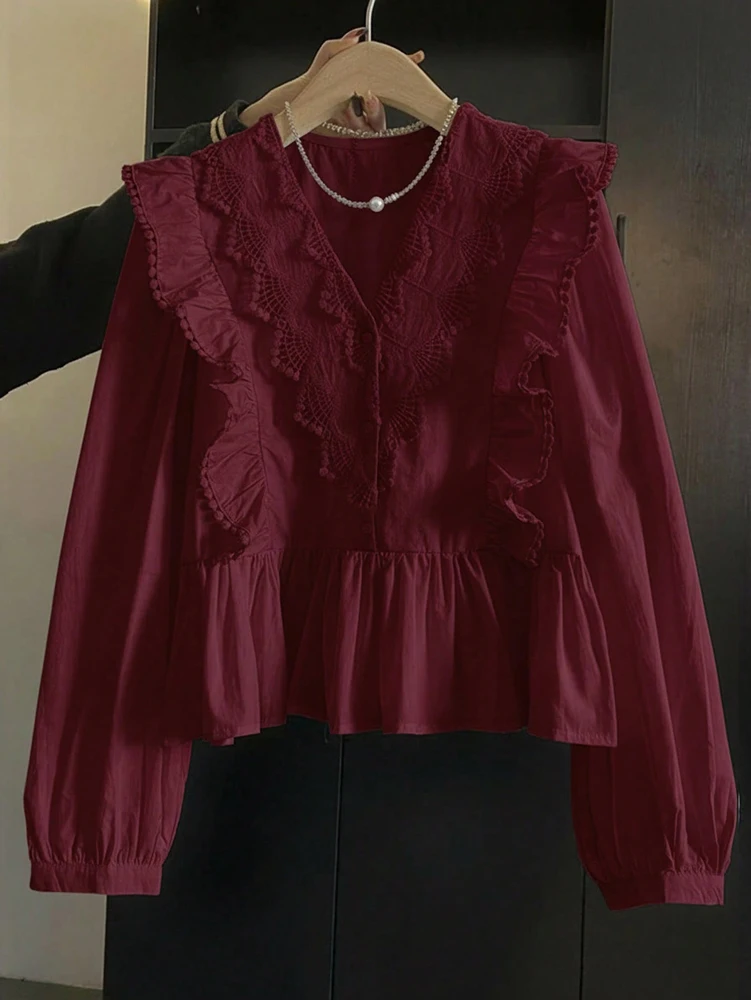Übergröße 2026 Herbst Neuheiten Damen Casual Einfarbiges Spitzenbesetztes Rüschen-Langarm-Oberteil Modisch und Elegant – Detail 19