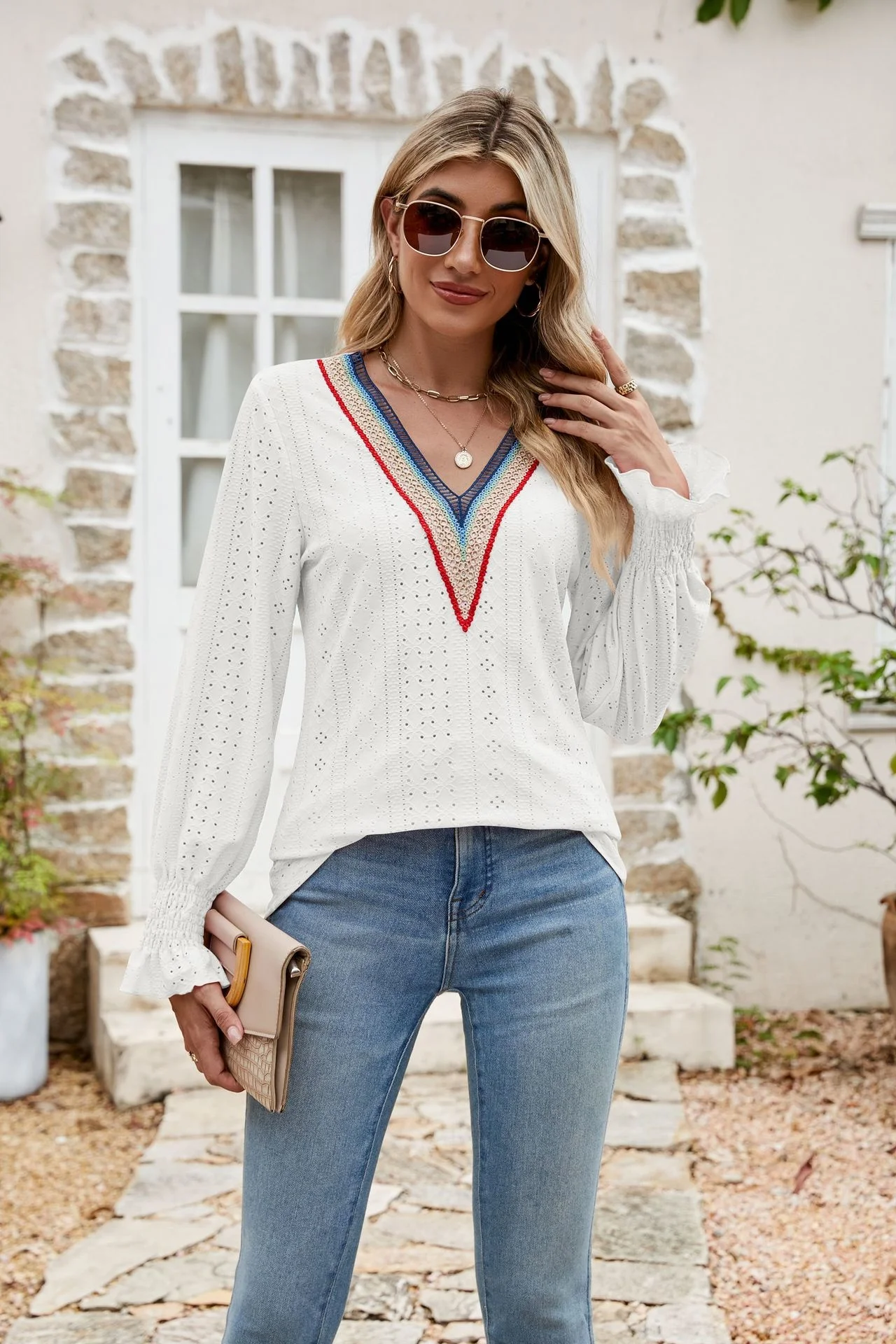 

Женская Кружевная футболка с V-образным вырезом и длинным рукавом