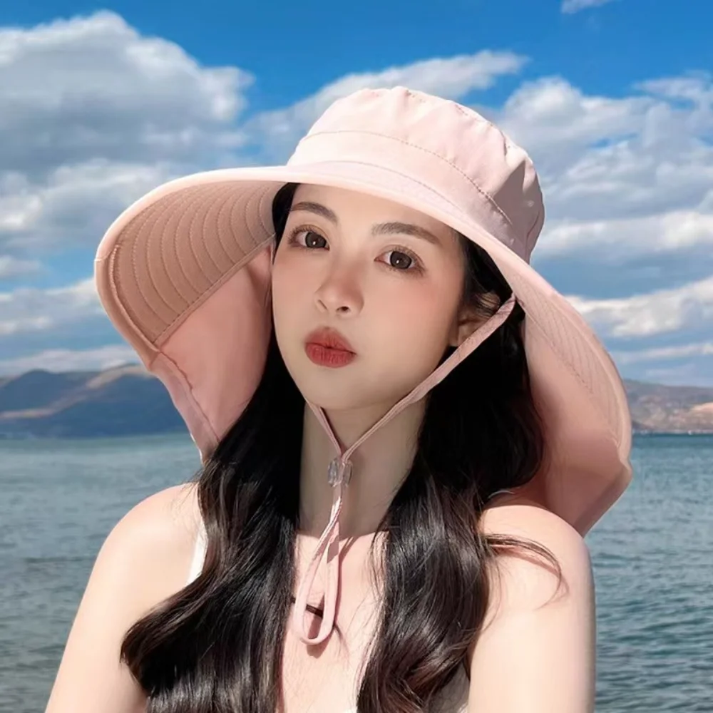 Women'S Outdoor Sun Hat Uv Protection Bucket Wide Brim Fisherman Cap Holiday Hanging Rope Sunscreen Sun Visor