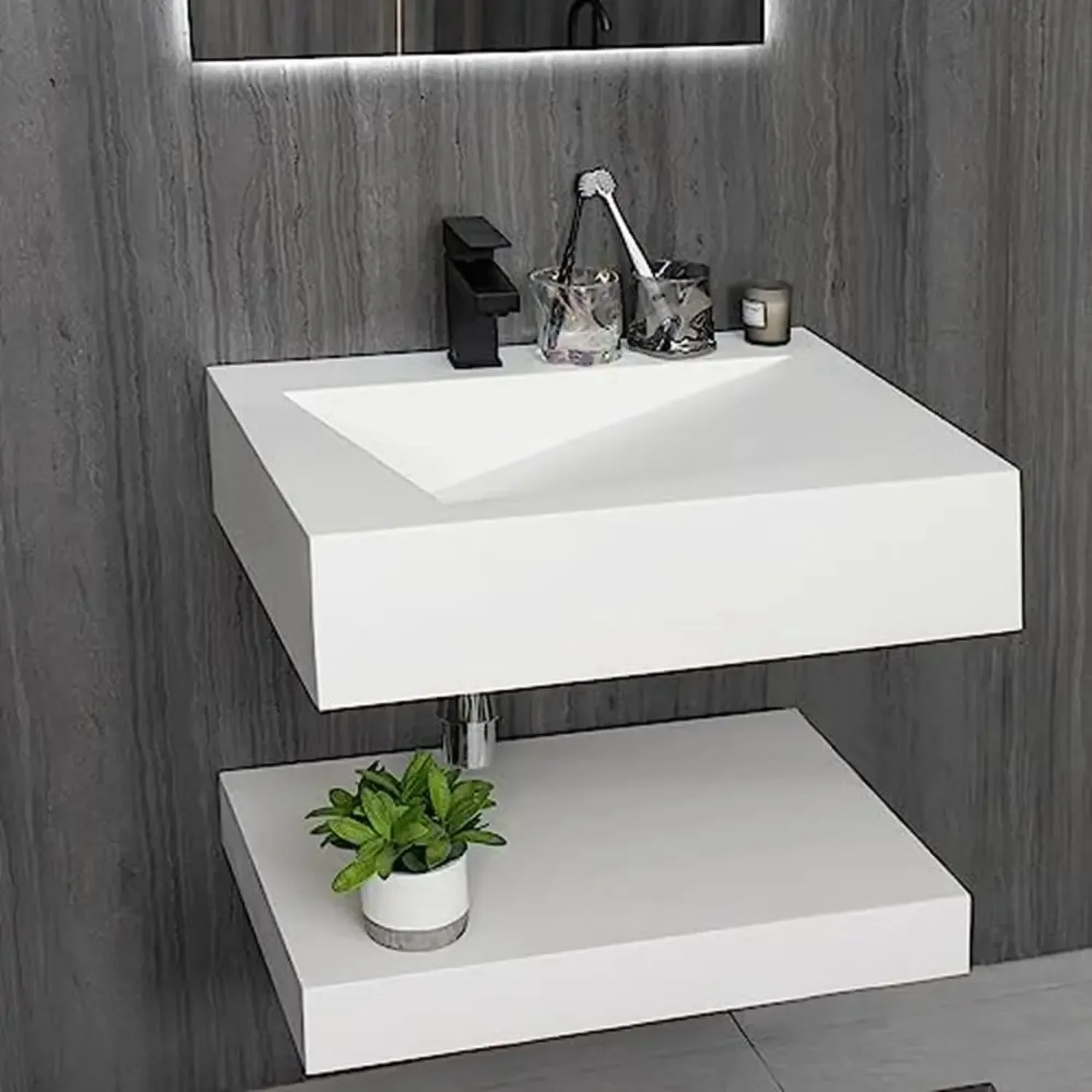 Modern Wall-Mount Rectangular Bathroom Sink Floating Vanity Shelf Set Stone Resin Vessel Sinks White Trough Drainage Smooth 2