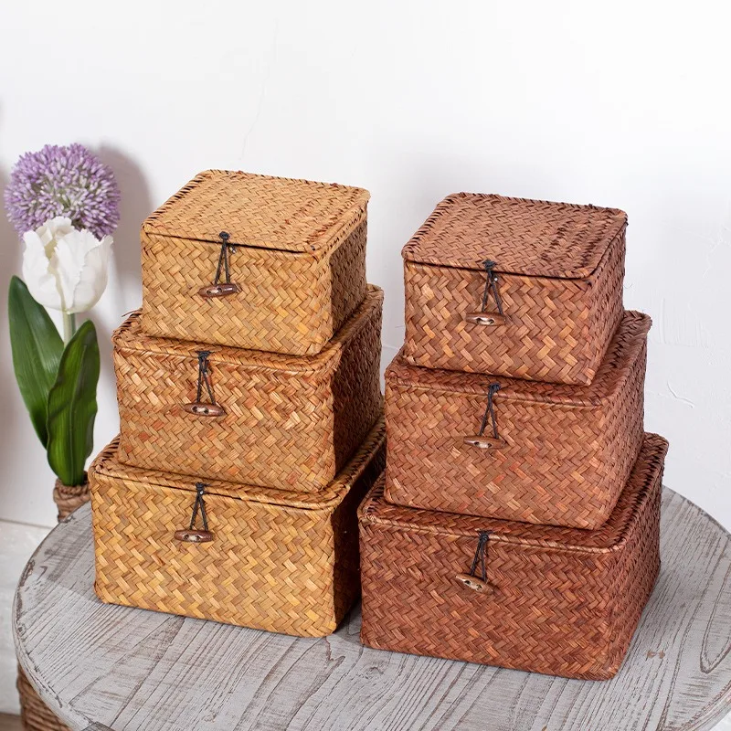 Handmade Wicker Woven Storage Box Rattan Storage Finishing Basket with Lid Sundry Bath Cosmetic Towel Container Laundry Basket 6