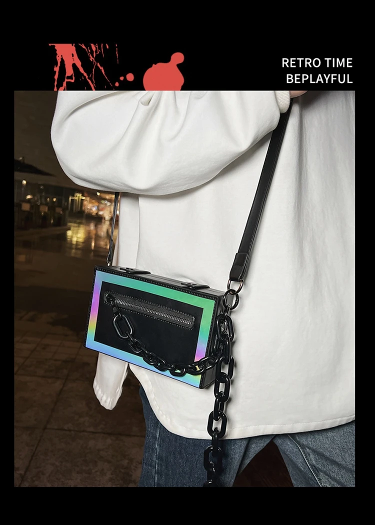 VC Colorful Reflective Box Bag Hip-Hop Streetwear Men's Hard Shell