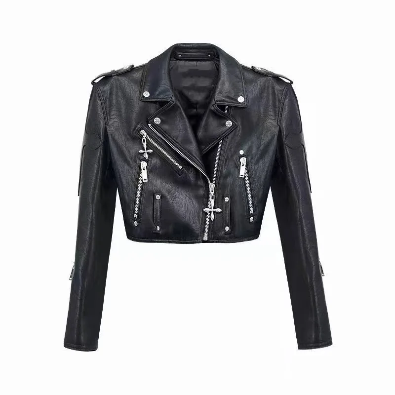 Fashion Cool Women Leather Jacket Cross Printed Bomber