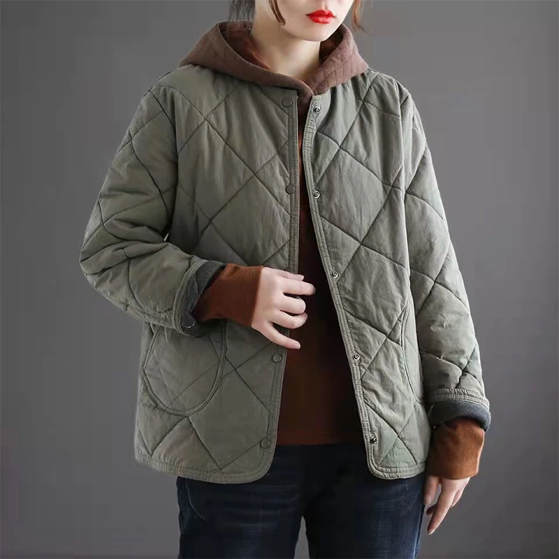 Autumn Winter Vintage Solid Buttons Cotton-padded Coat Women Loose Casual Warm Jacket Female All-match Simple Cardigan Outwear