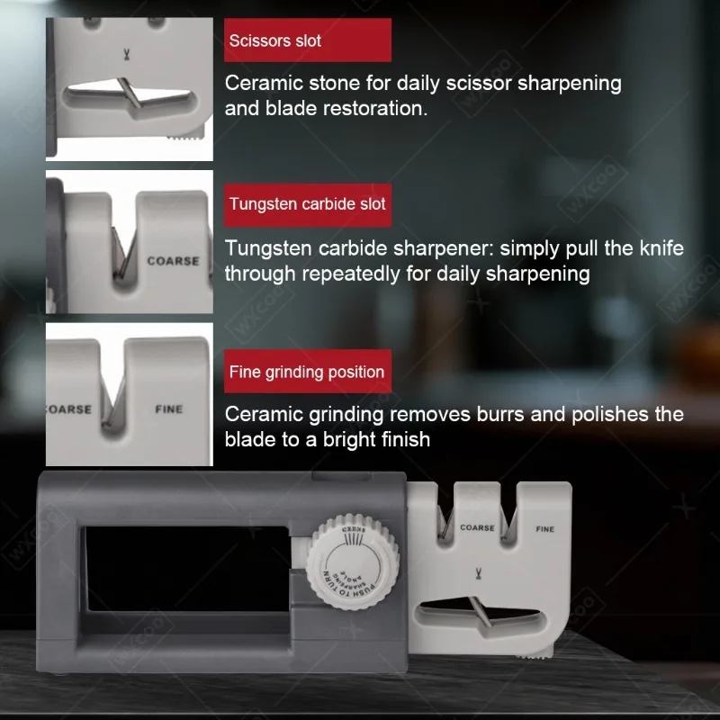 WXCOO 3단계 다기능 칼갈이 (칼과 가위용) 휴대용 칼갈이 도구 공간 절약형 디자인