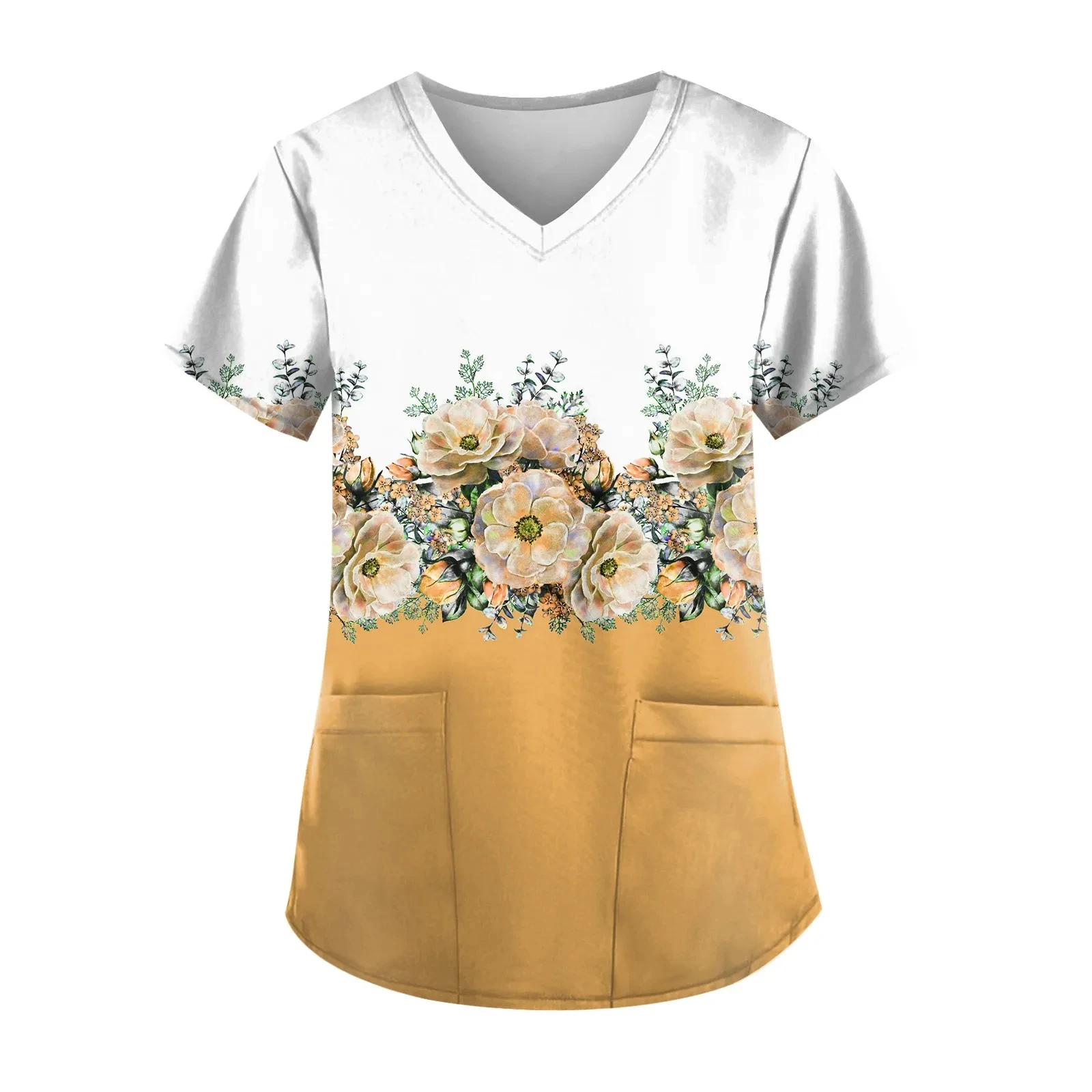 2023 Floral Printing Pocket Work Wear For Dentist Nurse Scrubs Uniform Medical Uniforms Women Short Sleeve V-Neck Scrub Work Top images - 6