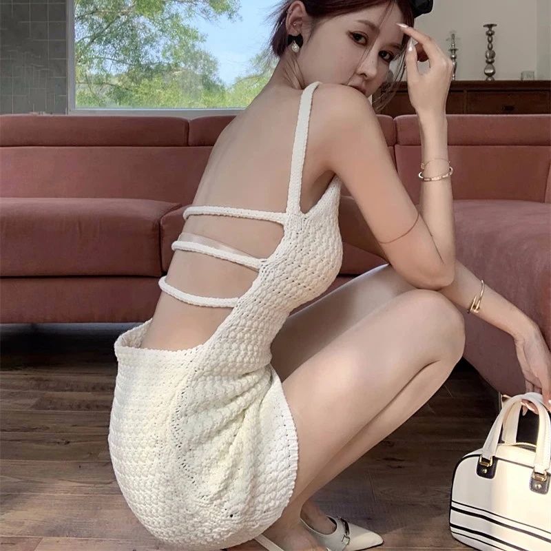 

White Backless Dresses Women Knitted Hotsweet Chic Sheath Mini Dress Wrap Skirt Short Skirt Sexy Dress For Beach Vacation