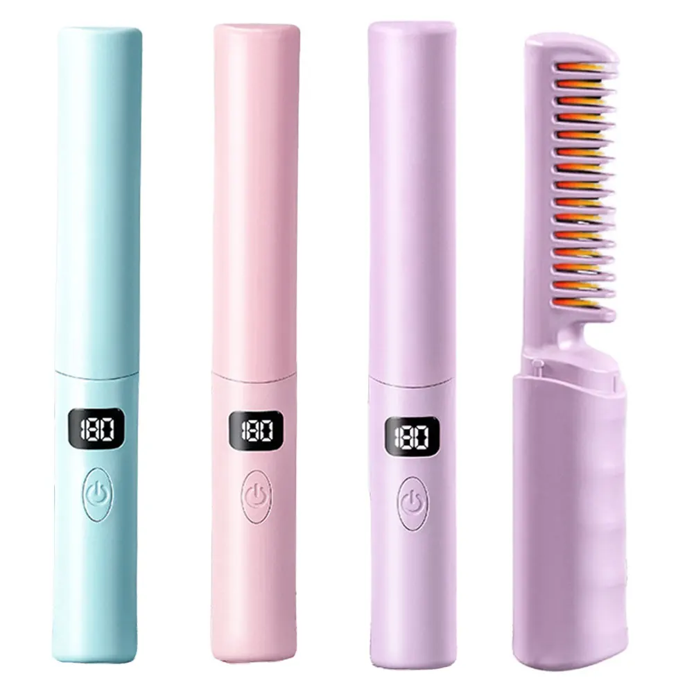 Portable Straightening Brush Fast Heating Heat Comb Hair Straightener Rechargeable 3 Gear Temperature for All Hair Types