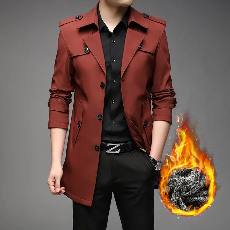 Men Autumn Winter Classic Plush Trench Windbreaker Coat Solid Business Casual Long Jacket Outerwear