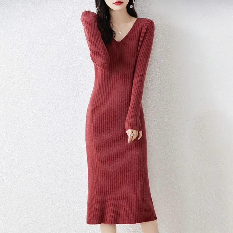 

Облегающее платье из 100% шерсти с V-образным вырезом для женщин Новинка Осень-зима Модное теплое кашемировое вязаное платье-пуловер с длинным рукавом