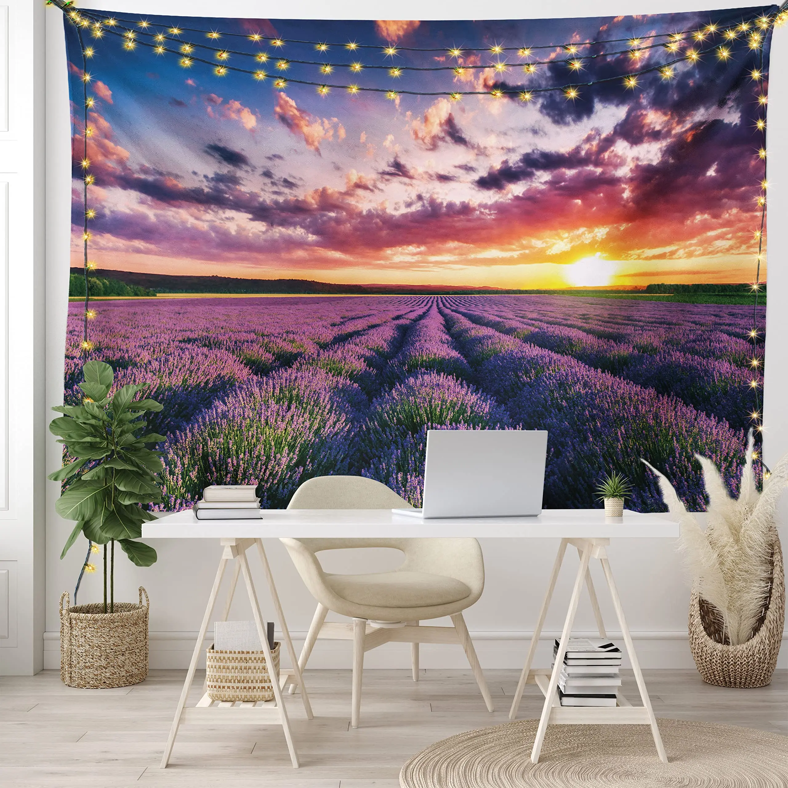 Lavender Tapestry Blooming Fields in Rows Tapestry Aromatherapy Countryside Tapestry Wall Hanging Bedroom Living Room Dorm