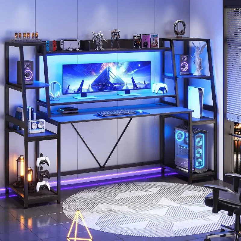 LED Lights, Hutch and Storage Shelves, Computer Desk with Monitor Stand, Large PC Gamer Desk