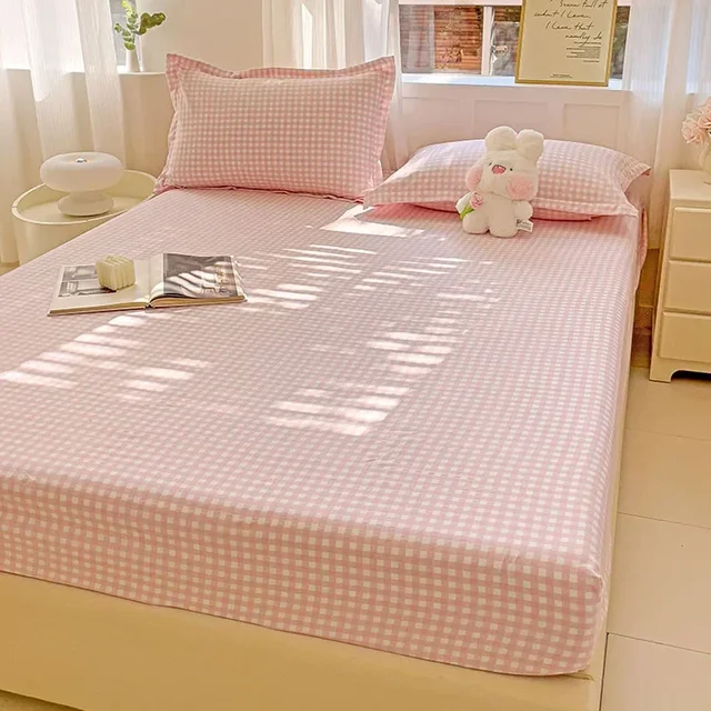 Simple Grid Pattern Washed Cotton Single Piece Bedsheet Skin Friendly Non Slip Bed Cover for Home Ultra Thin Breathable Mattress 2