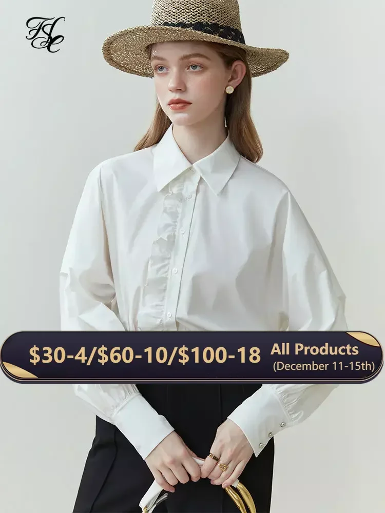 

FSLE French Design Sense White Shirt for Women Long-sleeved Spring New Fashion Western Style Polo Neck Ruffled Shirt Office Lady