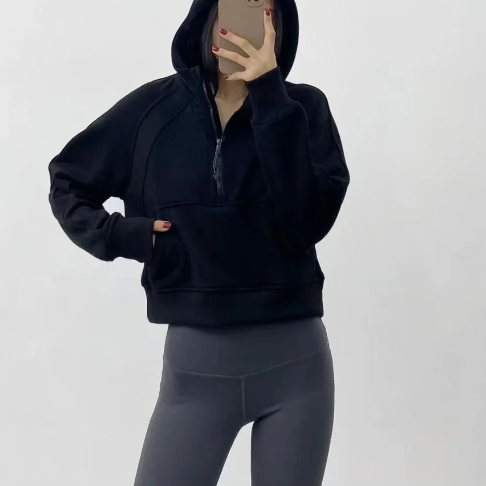 

Yoga Clothing Half Zipper Stand Collar Hooded Sweater Women's Short High Collar Casual Top Autumn and Winter Coat