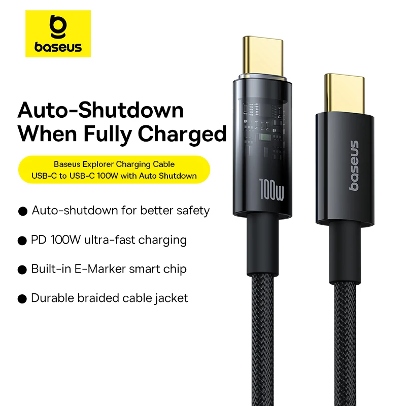 Baseus 100w tipo c cabo para iphone 15 16 desligamento automático usb c pd cabo de fio de carregamento rápido para macbook samsung xiaomi cabo usb c