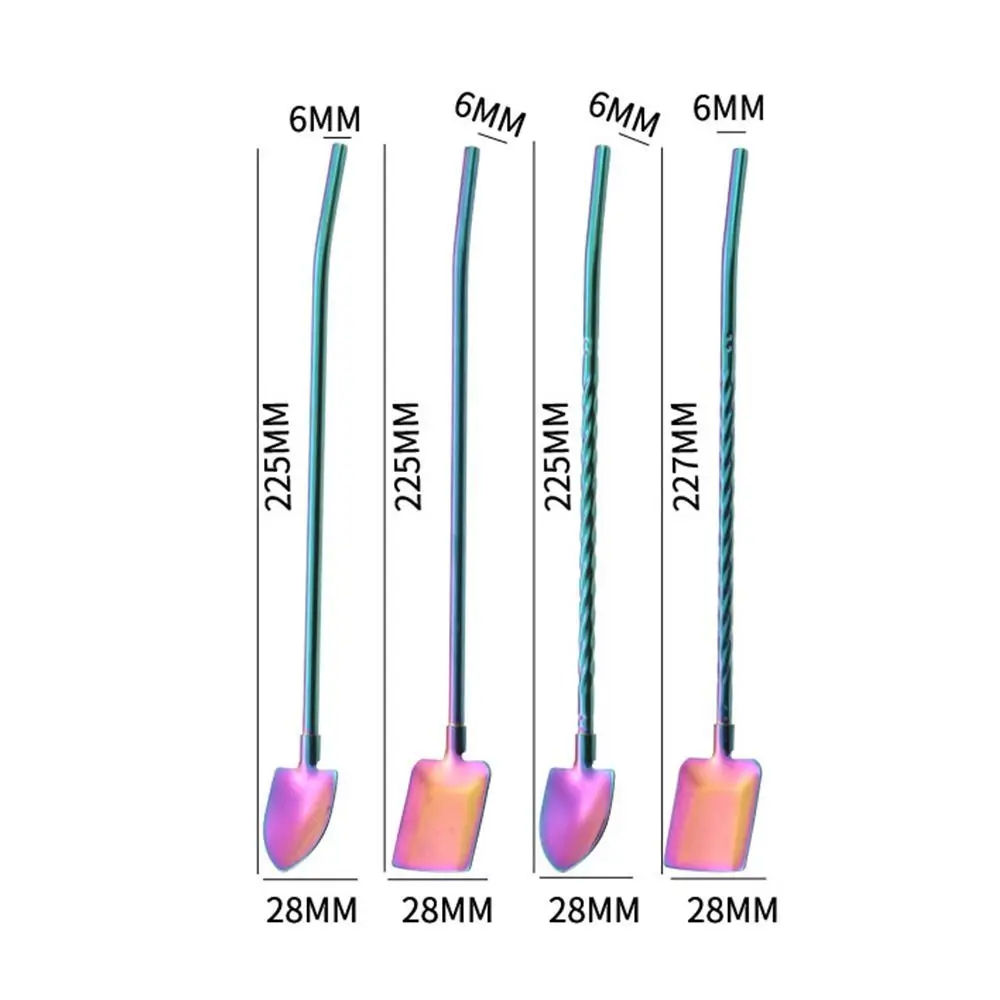2 in 1 Straw Spoon Stainless Steel Pointed Square Shovel Bar Ice Scoop Cocktail Coffee Stirring Spoon Reusable Hot Proof Straw